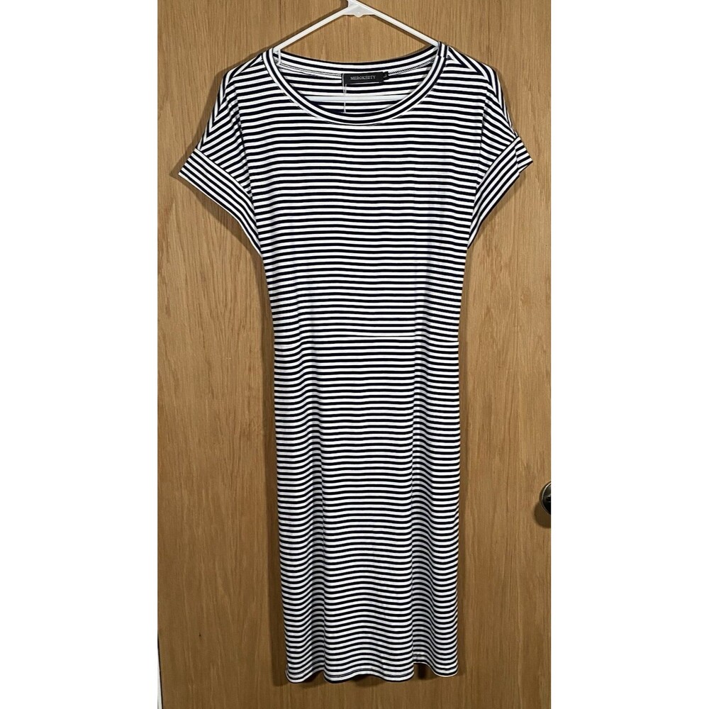 Women's L Shift Dress Navy Blue White Stripes Nautical Stretch Old Money Coastal